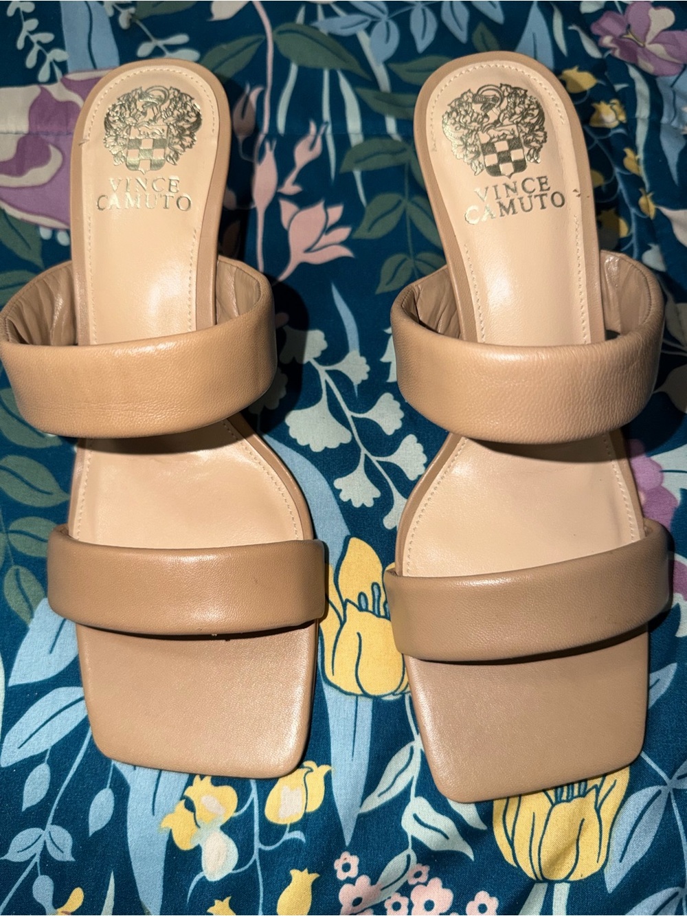 Vince Camuto Nude Tan Double Strap Slide Sandals